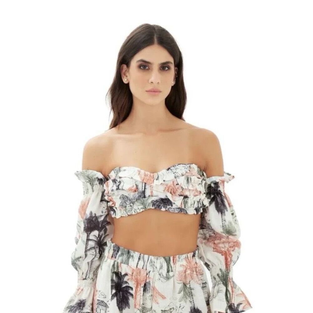 Off-Shoulder Floral Crop Top in Muted Palm Print Shorts Set